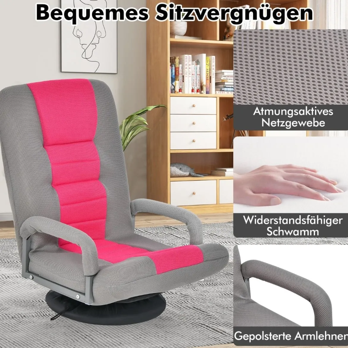 360° Drehbarer Bodenstuhl mit 6-Fach Verstellbarer Rückenlehne Armlehne Bodensessel Rosa