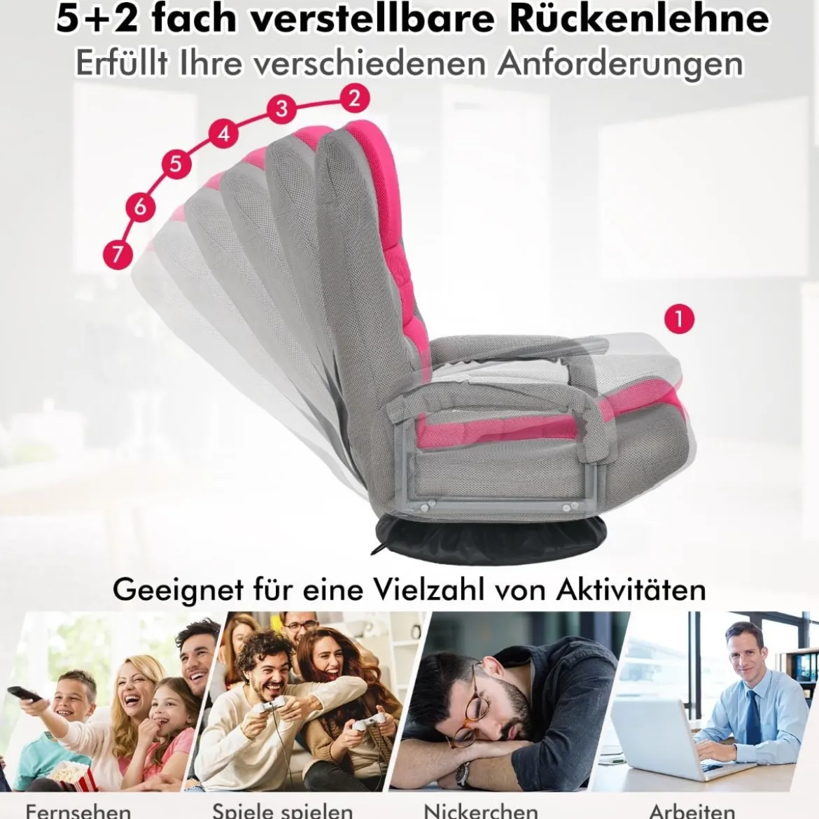 360° Drehbarer Bodenstuhl mit 6-Fach Verstellbarer Rückenlehne Armlehne Bodensessel Rosa