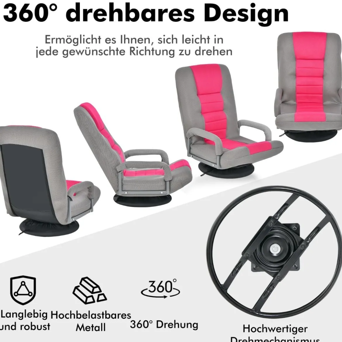 360° Drehbarer Bodenstuhl mit 6-Fach Verstellbarer Rückenlehne Armlehne Bodensessel Rosa