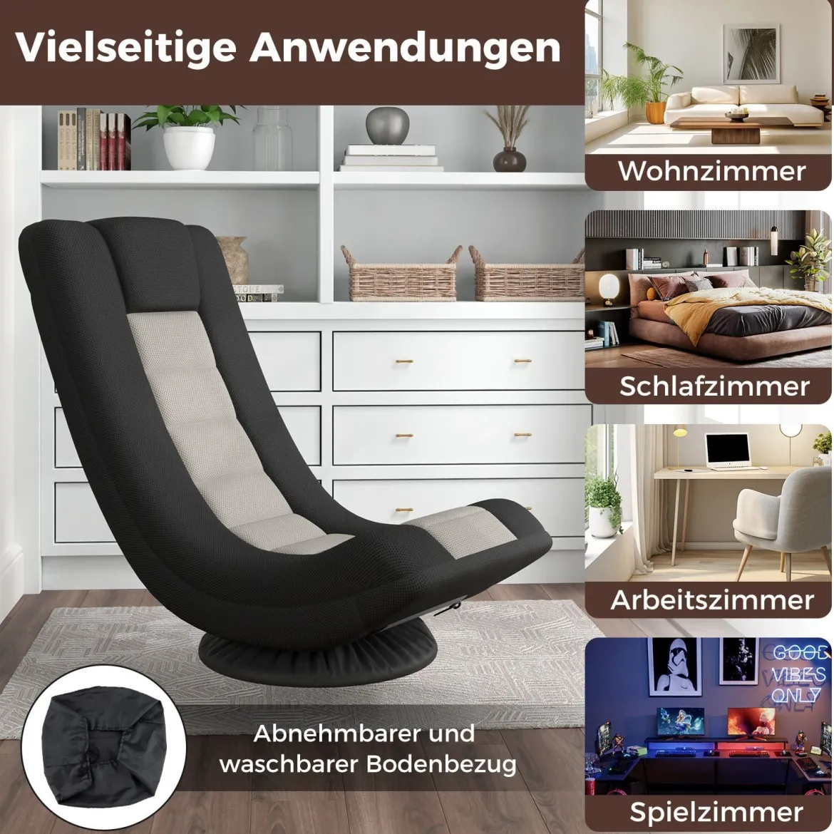 360° Drehbarer Bodenstuhl mit Verstellbarer Rückenlehne klappbares Bondensofa Grau