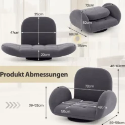 Drehbarer Bodenstuhl mit Verstellbarer Rückenlehne & Armlehnen Bondensofa klappbar Grau