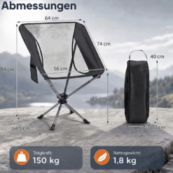 Drehbarer Campingstuhl Faltbarer Klappstuhl bis 150 kg Belastbar mit Getränkehalter & Seitentasche Schwarz