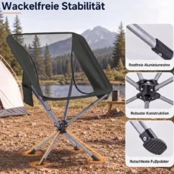 Drehbarer Campingstuhl Faltbarer Klappstuhl bis 150 kg Belastbar mit Getränkehalter & Seitentasche Schwarz