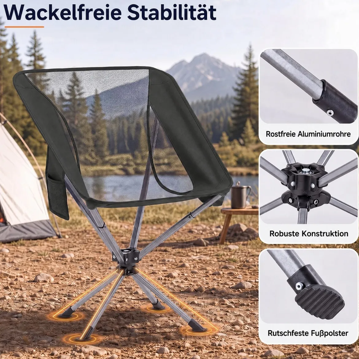 Drehbarer Campingstuhl Faltbarer Klappstuhl bis 150 kg Belastbar mit Getränkehalter & Seitentasche Schwarz