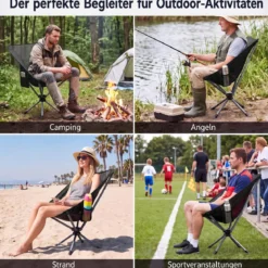 Drehbarer Campingstuhl Faltbarer Klappstuhl bis 150 kg Belastbar mit Getränkehalter & Seitentasche Schwarz