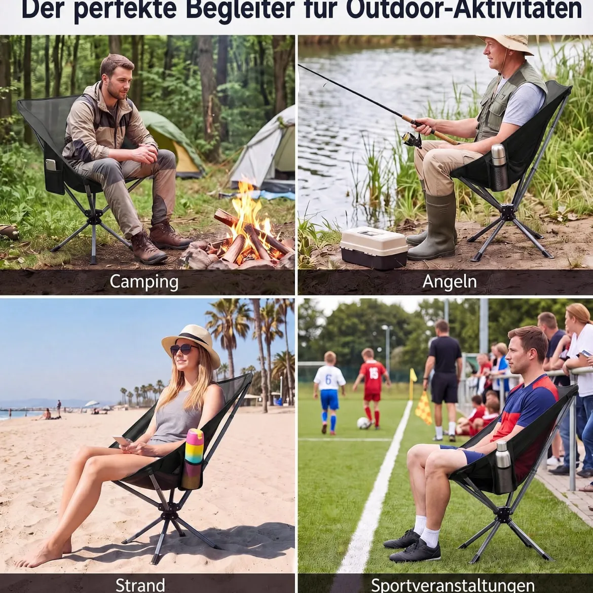 Drehbarer Campingstuhl Faltbarer Klappstuhl bis 150 kg Belastbar mit Getränkehalter & Seitentasche Schwarz