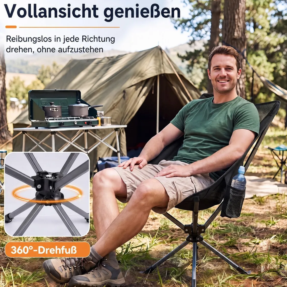 Drehbarer Campingstuhl Faltbarer Klappstuhl bis 150 kg Belastbar mit Getränkehalter & Seitentasche Schwarz