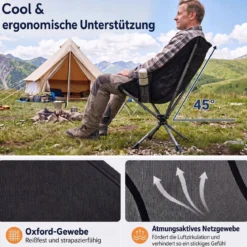 Drehbarer Campingstuhl Faltbarer Klappstuhl bis 150 kg Belastbar mit Getränkehalter & Seitentasche Schwarz