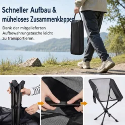 Drehbarer Campingstuhl Faltbarer Klappstuhl bis 150 kg Belastbar mit Getränkehalter & Seitentasche Schwarz