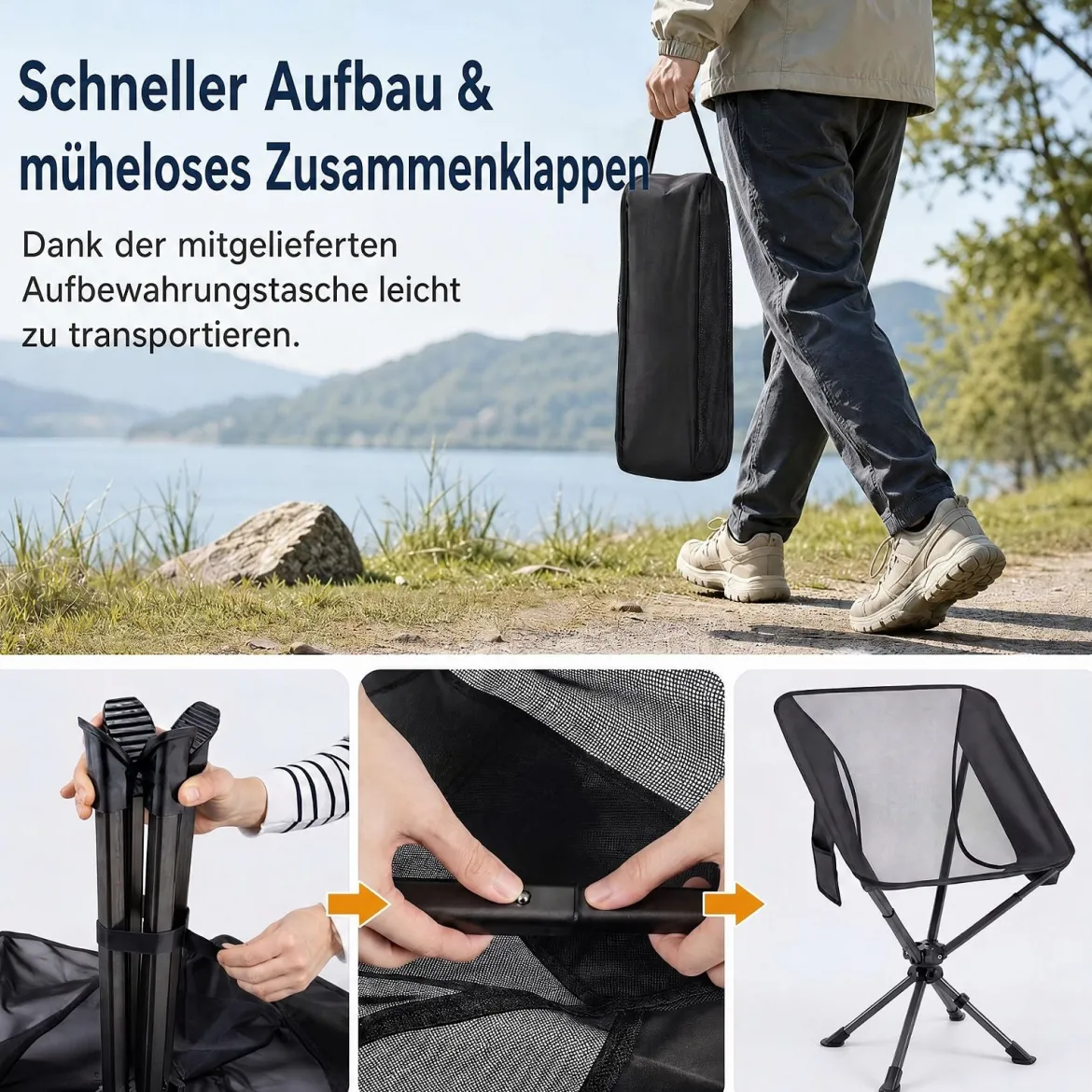 Drehbarer Campingstuhl Faltbarer Klappstuhl bis 150 kg Belastbar mit Getränkehalter & Seitentasche Schwarz