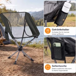 Drehbarer Campingstuhl Faltbarer Klappstuhl bis 150 kg Belastbar mit Getränkehalter & Seitentasche Schwarz