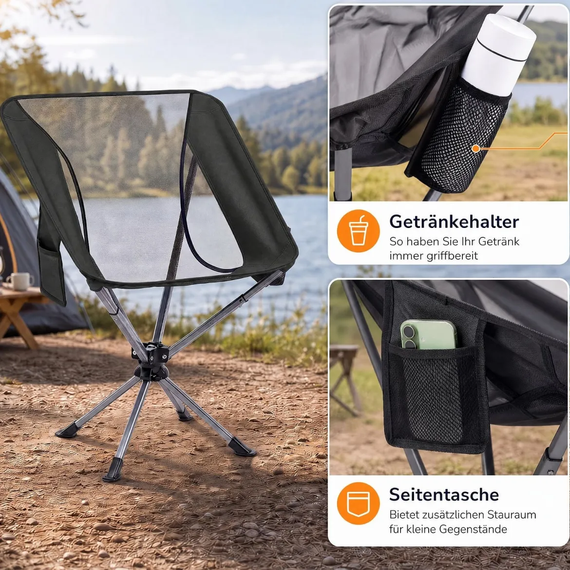 Drehbarer Campingstuhl Faltbarer Klappstuhl bis 150 kg Belastbar mit Getränkehalter & Seitentasche Schwarz