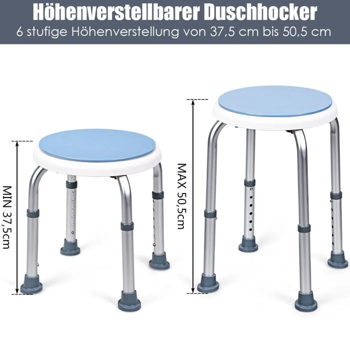 360° Drehbarer Duschhocker Höhenverstellbarer Duschstuhl Alu Badehocker Duschsitz Blau