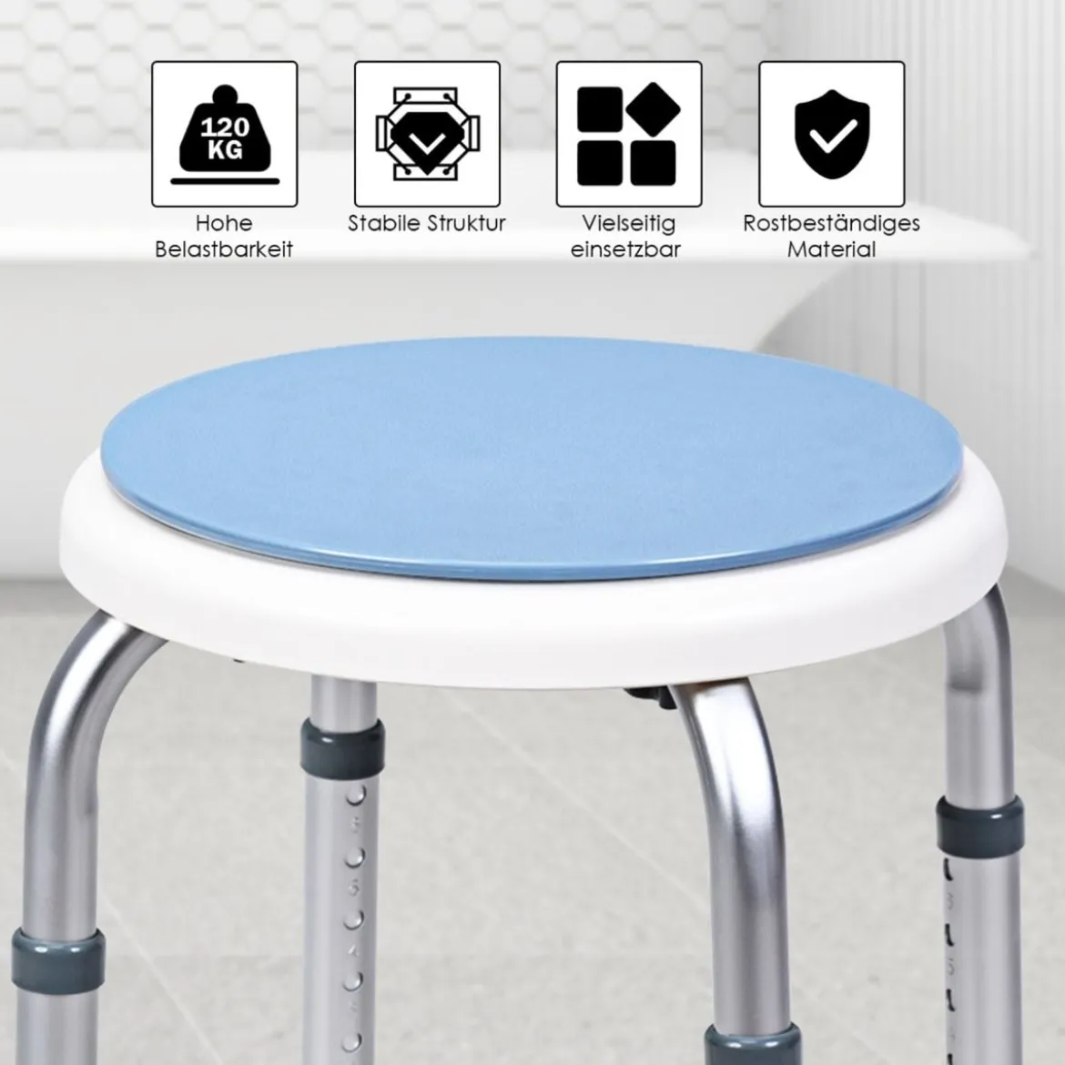 360° Drehbarer Duschhocker Höhenverstellbarer Duschstuhl Alu Badehocker Duschsitz Blau