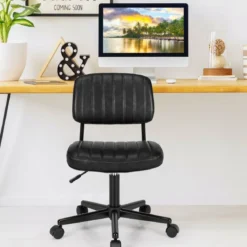 Drehbarer Home Office Stuhl aus Kunstleder ohne Armlehnen auf Rädern Schwarz