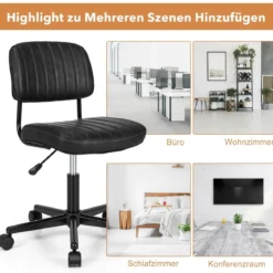 Drehbarer Home Office Stuhl aus Kunstleder ohne Armlehnen auf Rädern Schwarz