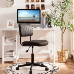 Drehbarer Home Office Stuhl aus Kunstleder ohne Armlehnen auf Rädern Schwarz