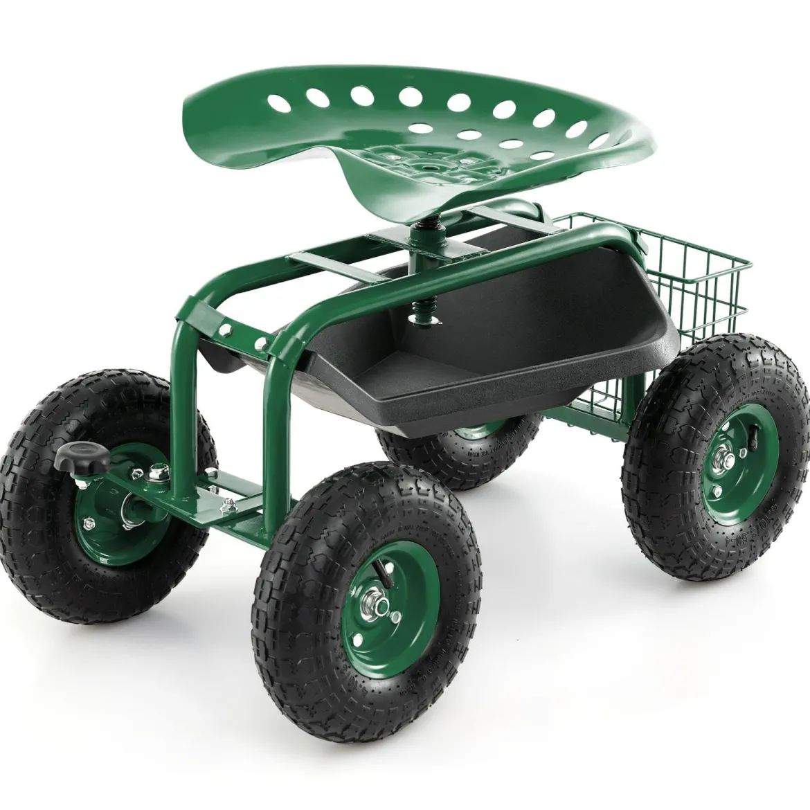 360 ° drehbarer Rollsitz Höhenverstellbar Mobiler Gartensitz mit Ablage & Korb Grün