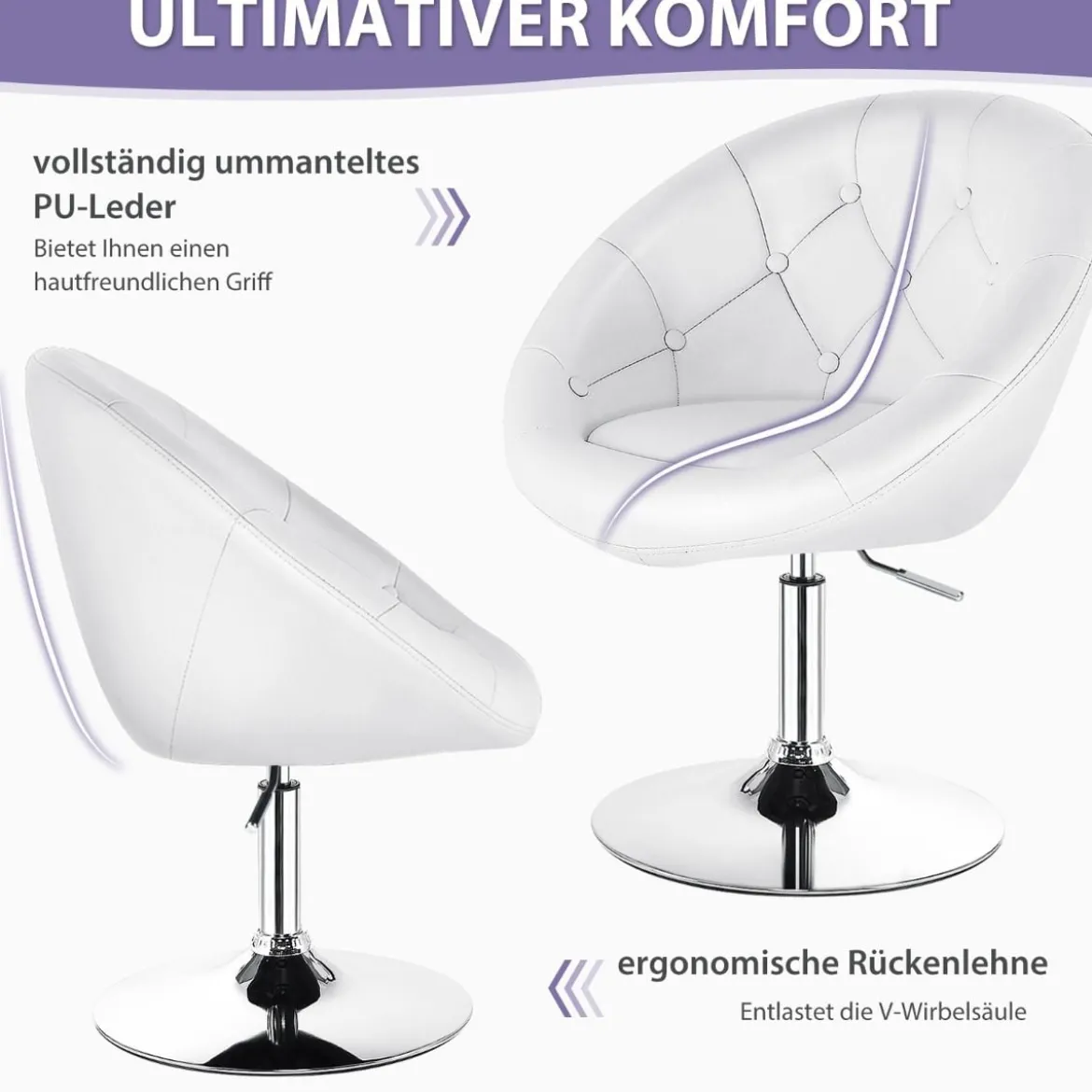 Drehbarer Runder Stuhl mit Getufteter Rückenlehne & Kunstleder & Verchromter Basis Schminkstuhl Weiß