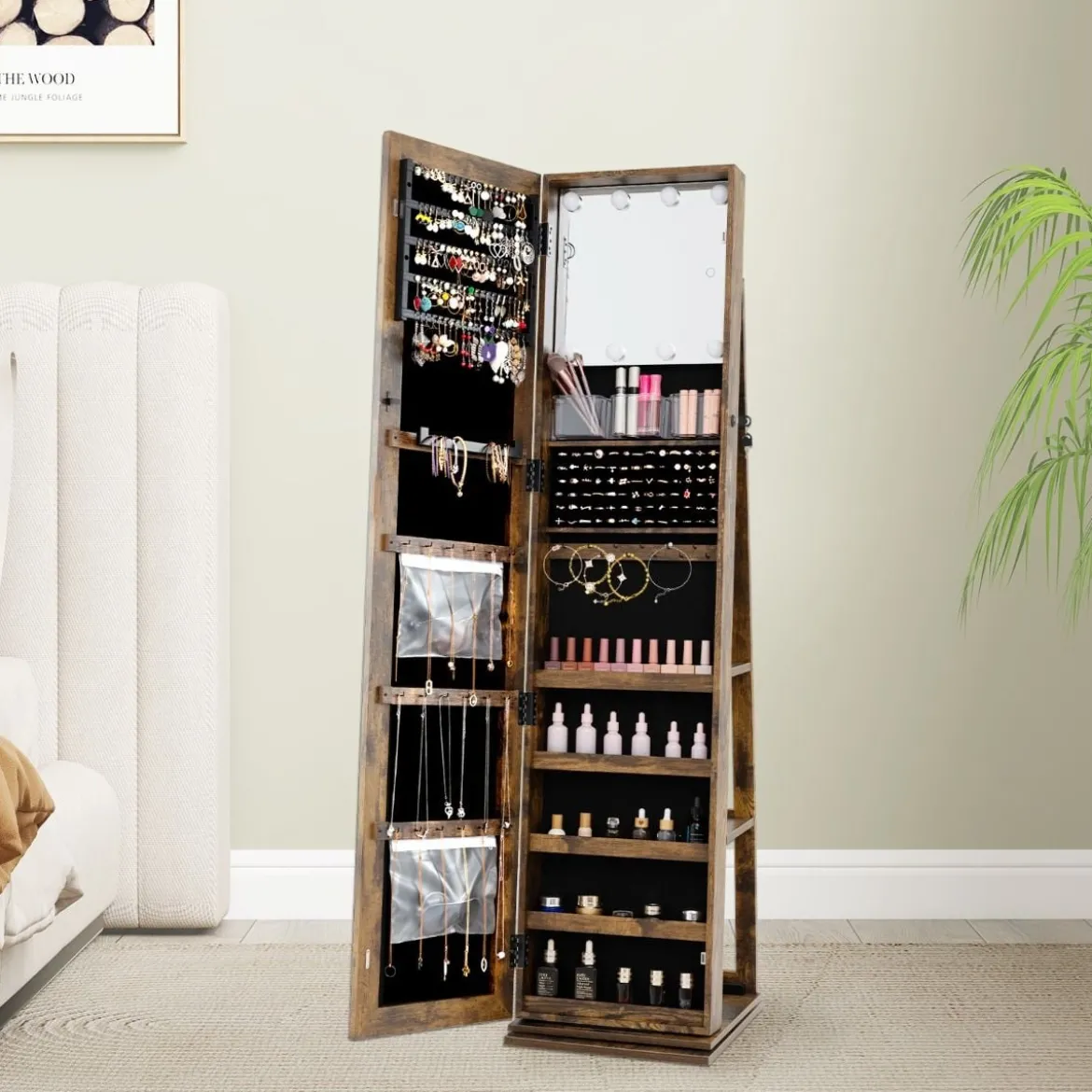360° Drehbarer Schmuckschrank Freistehender Schmuckorganizer mit Ganzkörperspiegel & Rückregalen Rustikal Braun