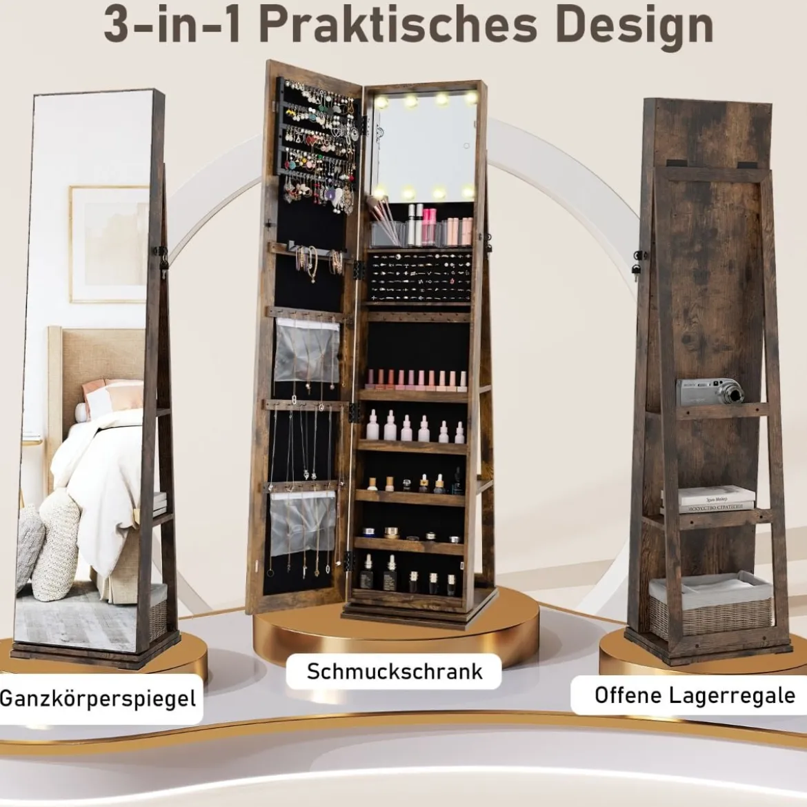 360° Drehbarer Schmuckschrank Freistehender Schmuckorganizer mit Ganzkörperspiegel & Rückregalen Rustikal Braun