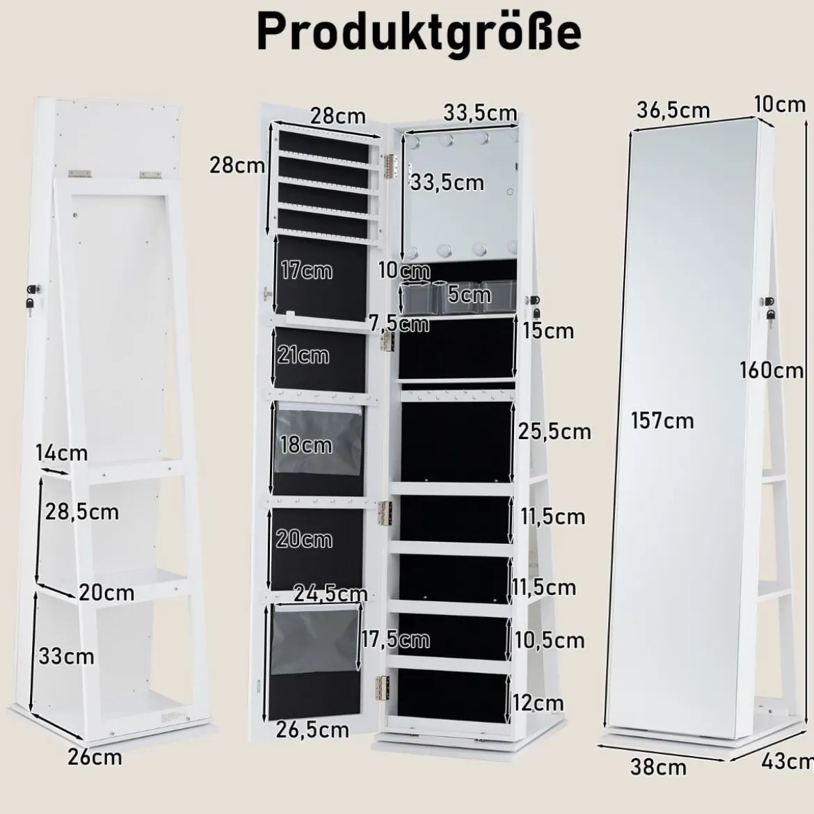 360° Drehbarer Schmuckschrank Freistehender Schmuckorganizer mit Ganzkörperspiegel & Rückregalen Weiß