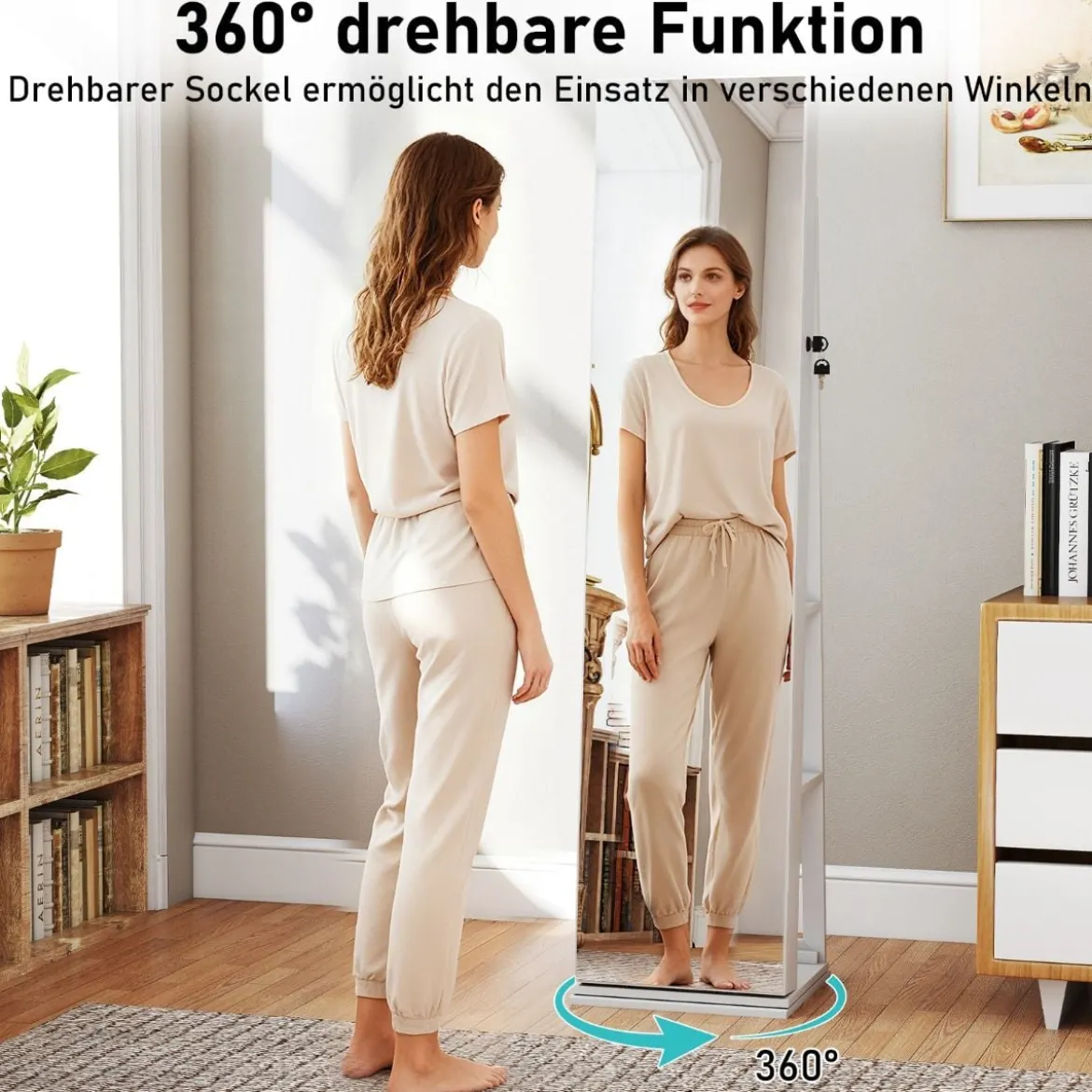360° Drehbarer Schmuckschrank Freistehender Schmuckorganizer mit Ganzkörperspiegel & Rückregalen Weiß