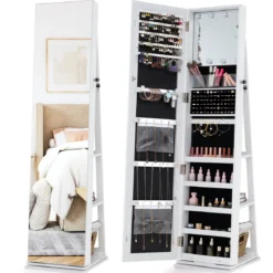 360° Drehbarer Schmuckschrank Freistehender Schmuckorganizer mit Ganzkörperspiegel & Rückregalen Weiß