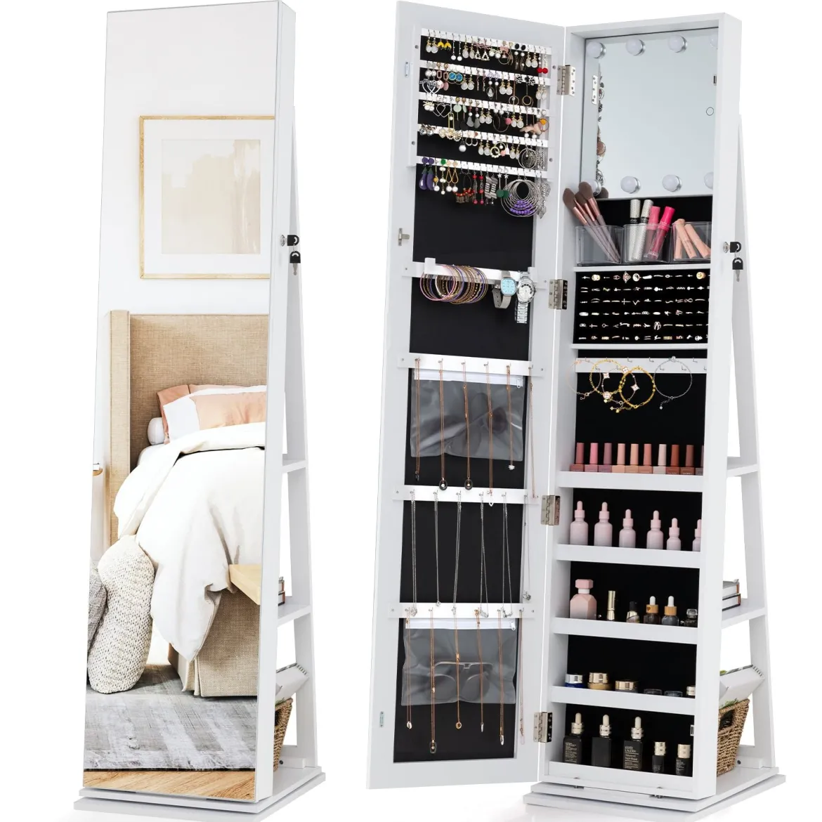 360° Drehbarer Schmuckschrank Freistehender Schmuckorganizer mit Ganzkörperspiegel & Rückregalen Weiß