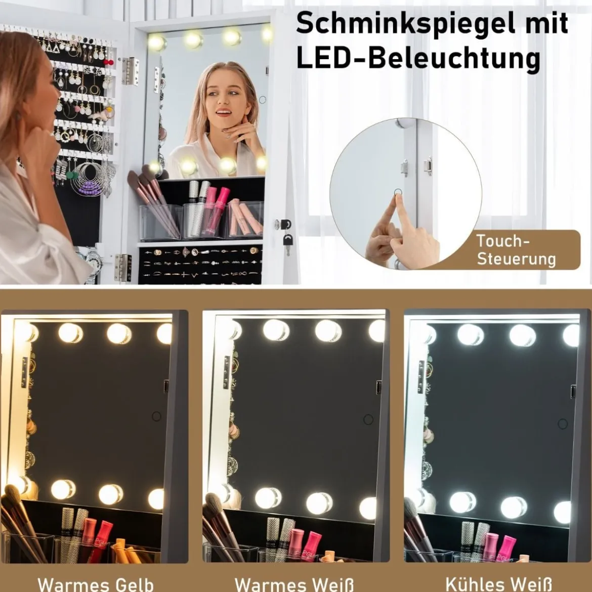360° Drehbarer Schmuckschrank Freistehender Schmuckorganizer mit Ganzkörperspiegel & Rückregalen Weiß