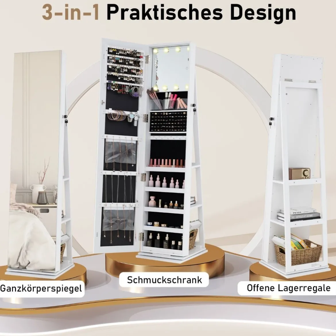 360° Drehbarer Schmuckschrank Freistehender Schmuckorganizer mit Ganzkörperspiegel & Rückregalen Weiß