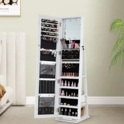 360° Drehbarer Schmuckschrank Freistehender Schmuckorganizer mit Ganzkörperspiegel & Rückregalen Weiß