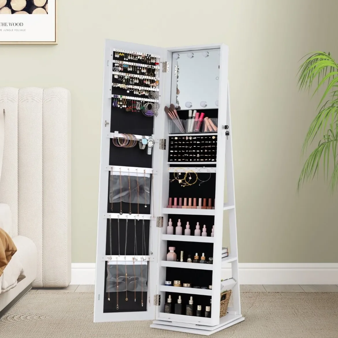 360° Drehbarer Schmuckschrank Freistehender Schmuckorganizer mit Ganzkörperspiegel & Rückregalen Weiß