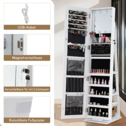 360° Drehbarer Schmuckschrank Freistehender Schmuckorganizer mit Ganzkörperspiegel & Rückregalen Weiß