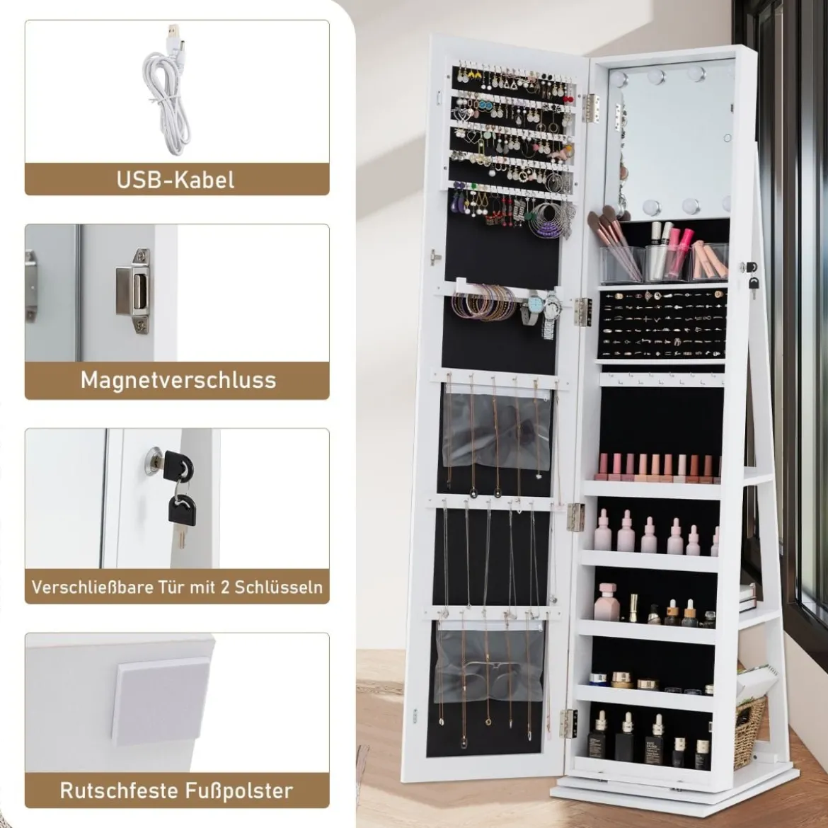 360° Drehbarer Schmuckschrank Freistehender Schmuckorganizer mit Ganzkörperspiegel & Rückregalen Weiß