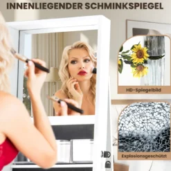 360° Drehbarer Schmuckschrank mit Ganzkörperspiegel Schmuckorganisator Weiß