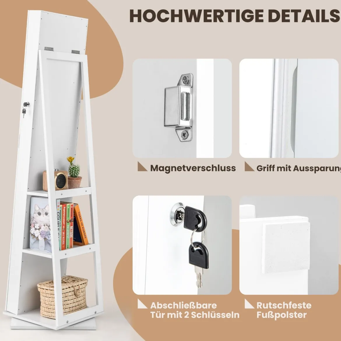 360° Drehbarer Schmuckschrank mit Ganzkörperspiegel Schmuckorganisator Weiß