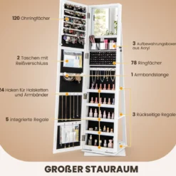 360° Drehbarer Schmuckschrank mit Ganzkörperspiegel Schmuckorganisator Weiß