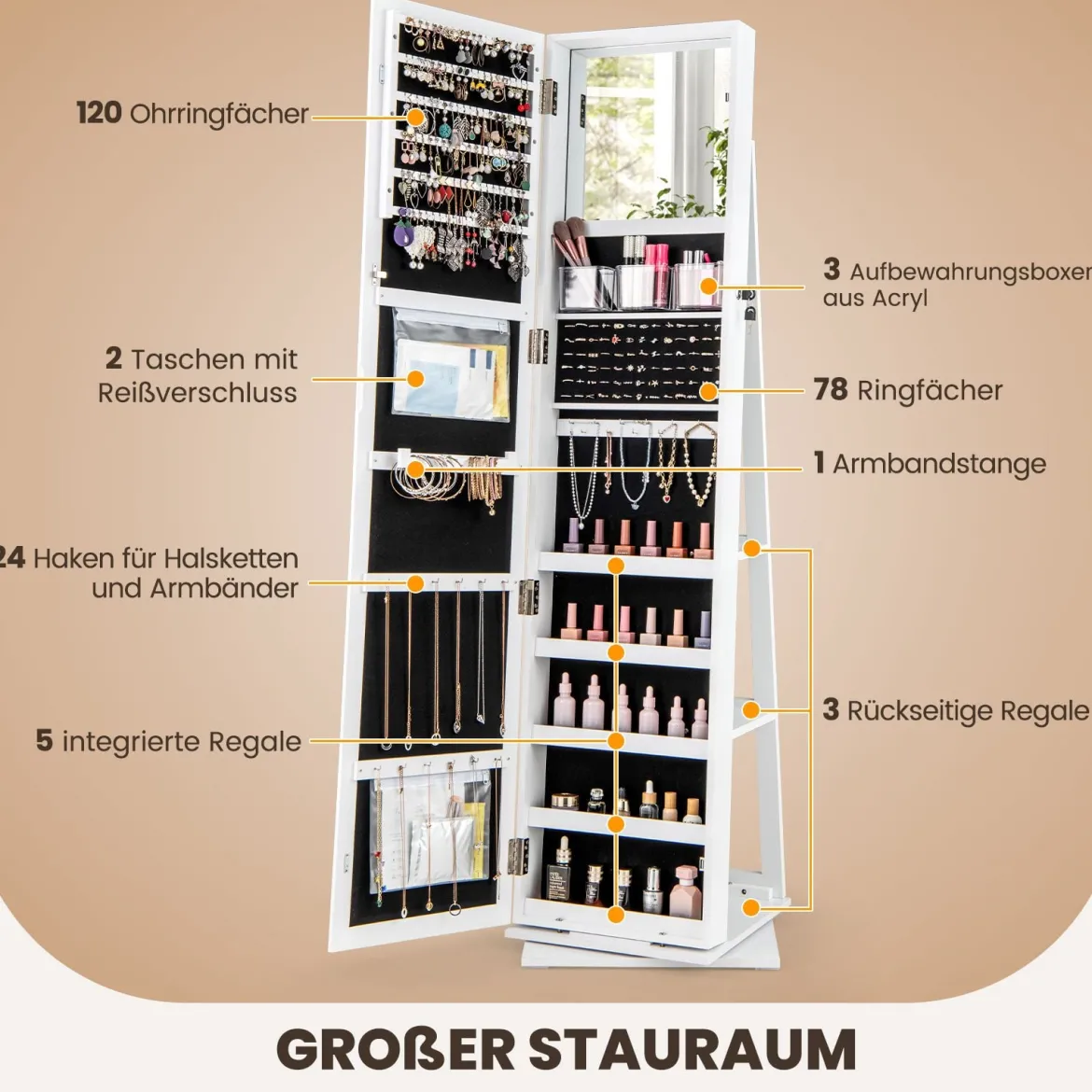360° Drehbarer Schmuckschrank mit Ganzkörperspiegel Schmuckorganisator Weiß