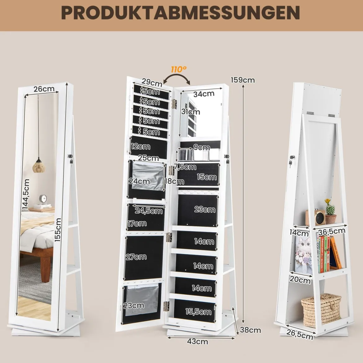 360° Drehbarer Schmuckschrank mit Ganzkörperspiegel Schmuckorganisator Weiß