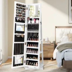 360° Drehbarer Schmuckschrank mit Ganzkörperspiegel Schmuckorganisator Weiß