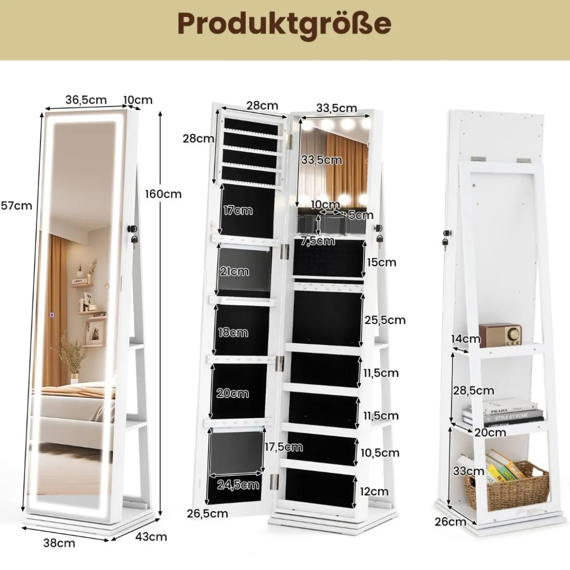 360° Drehbarer Schmuckschrank mit Beleuchtung & Spiegel Spiegelschrank Standspiegel Weiß