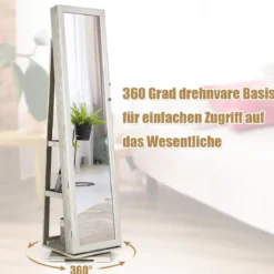 360° Drehbarer Schmuckschrank mit Ganzkörperspiegel Spiegelschrank mit Schmuckaufbewahrung