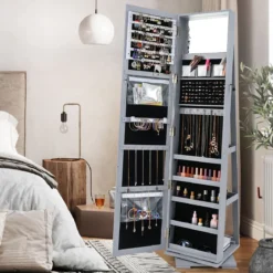 360° Drehbarer Schmuckschrank mit Ganzkörperspiegel Spiegelschrank mit Schmuckaufbewahrung