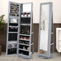 360° Drehbarer Schmuckschrank mit Ganzkörperspiegel Spiegelschrank mit Schmuckaufbewahrung