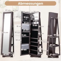 360° Drehbarer Schmuckschrank mit Ganzkörperspiegel Spiegelschrank mit Schmuckaufbewahrung