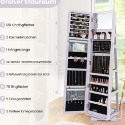 360° Drehbarer Schmuckschrank mit Ganzkörperspiegel Spiegelschrank mit Schmuckaufbewahrung