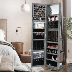 360° Drehbarer Schmuckschrank mit Ganzkörperspiegel Spiegelschrank mit Schmuckaufbewahrung
