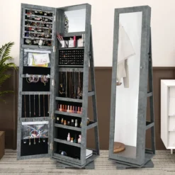 360° Drehbarer Schmuckschrank mit Ganzkörperspiegel Spiegelschrank mit Schmuckaufbewahrung