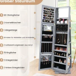 360° Drehbarer Schmuckschrank mit Ganzkörperspiegel Spiegelschrank mit Schmuckaufbewahrung
